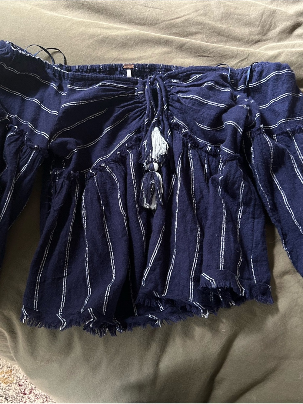 Free People Navy Blue Striped Off-the-Shoulder Tassel Blouse Small